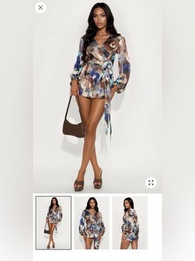 Fashion Nova Grey Combo Abstract Satin Wrap Romper